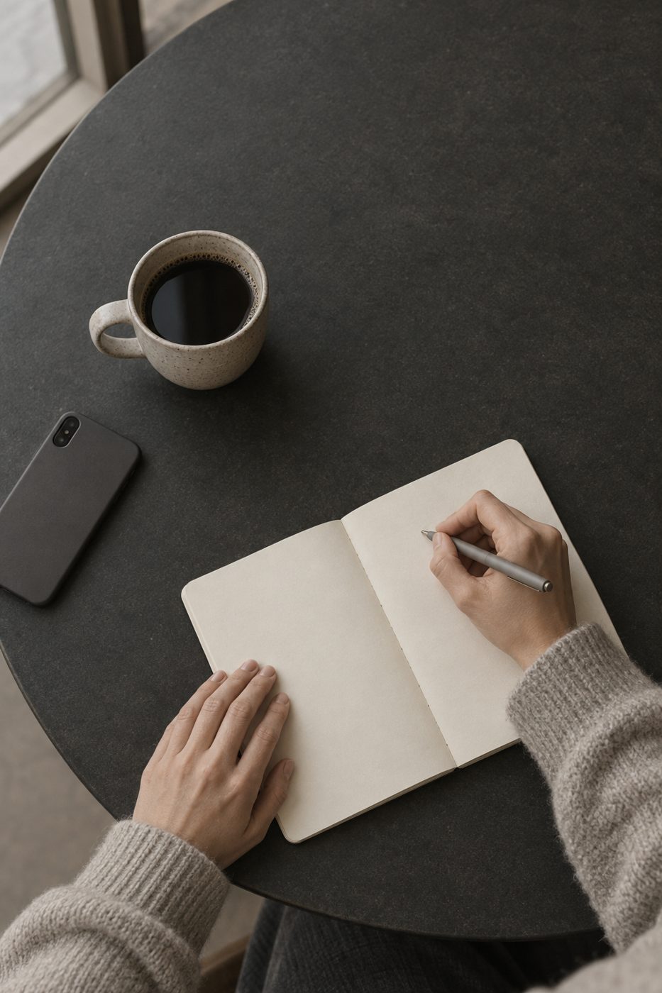 Hands writing in a notebook beside a cup of coffee on a café table